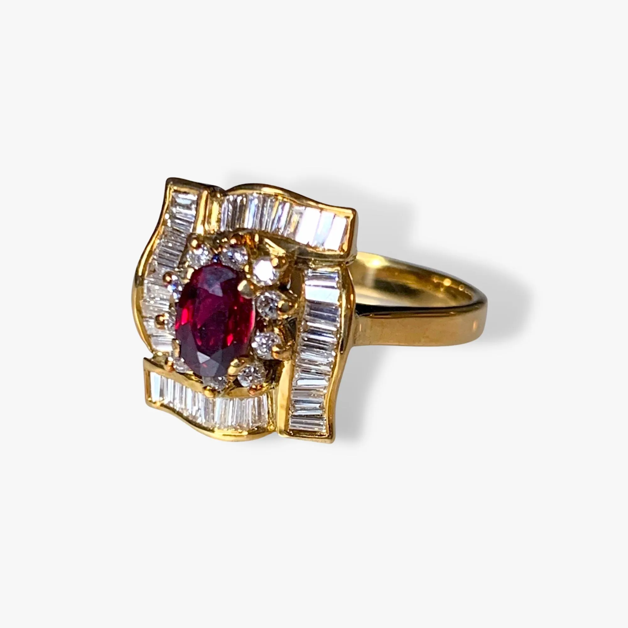 18k Yellow Gold Oval Ruby and Baguette and Round Diamond Cluster Ring