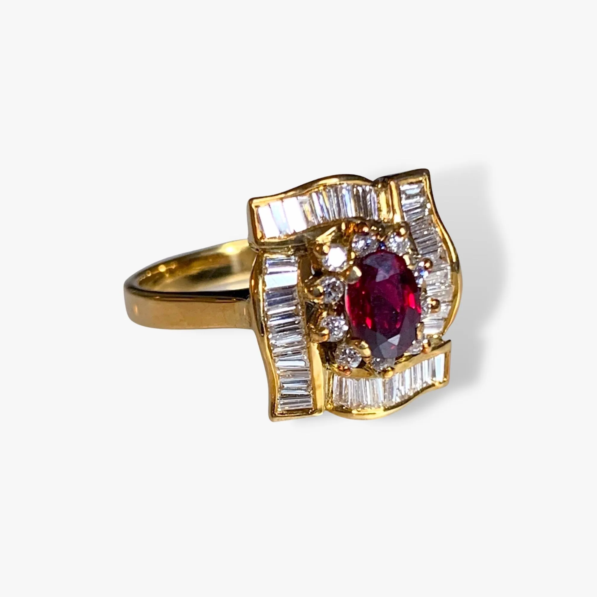 18k Yellow Gold Oval Ruby and Baguette and Round Diamond Cluster Ring