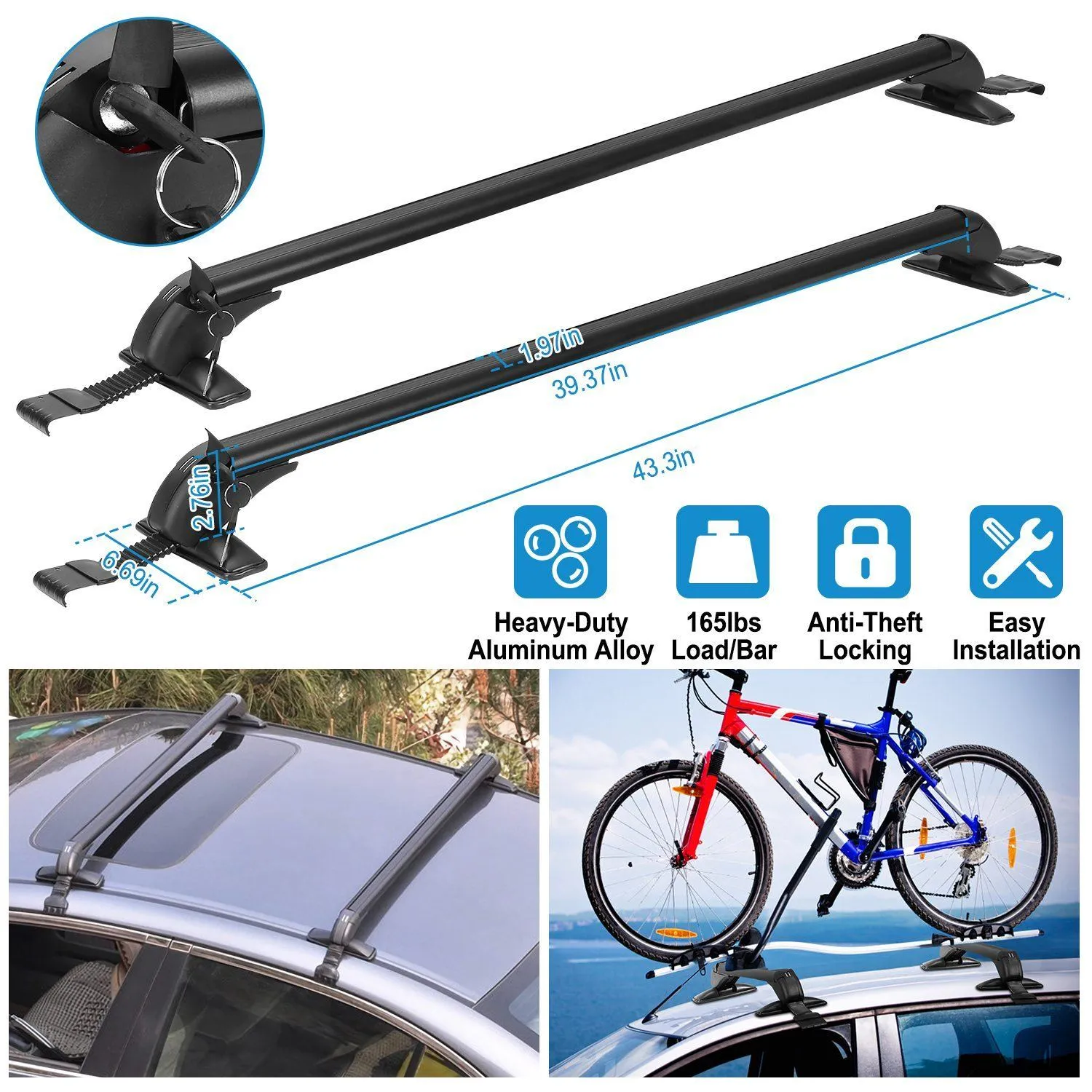 2-Piece: Universal 110CM/43-Inch Car Roof Rack Cross Bar