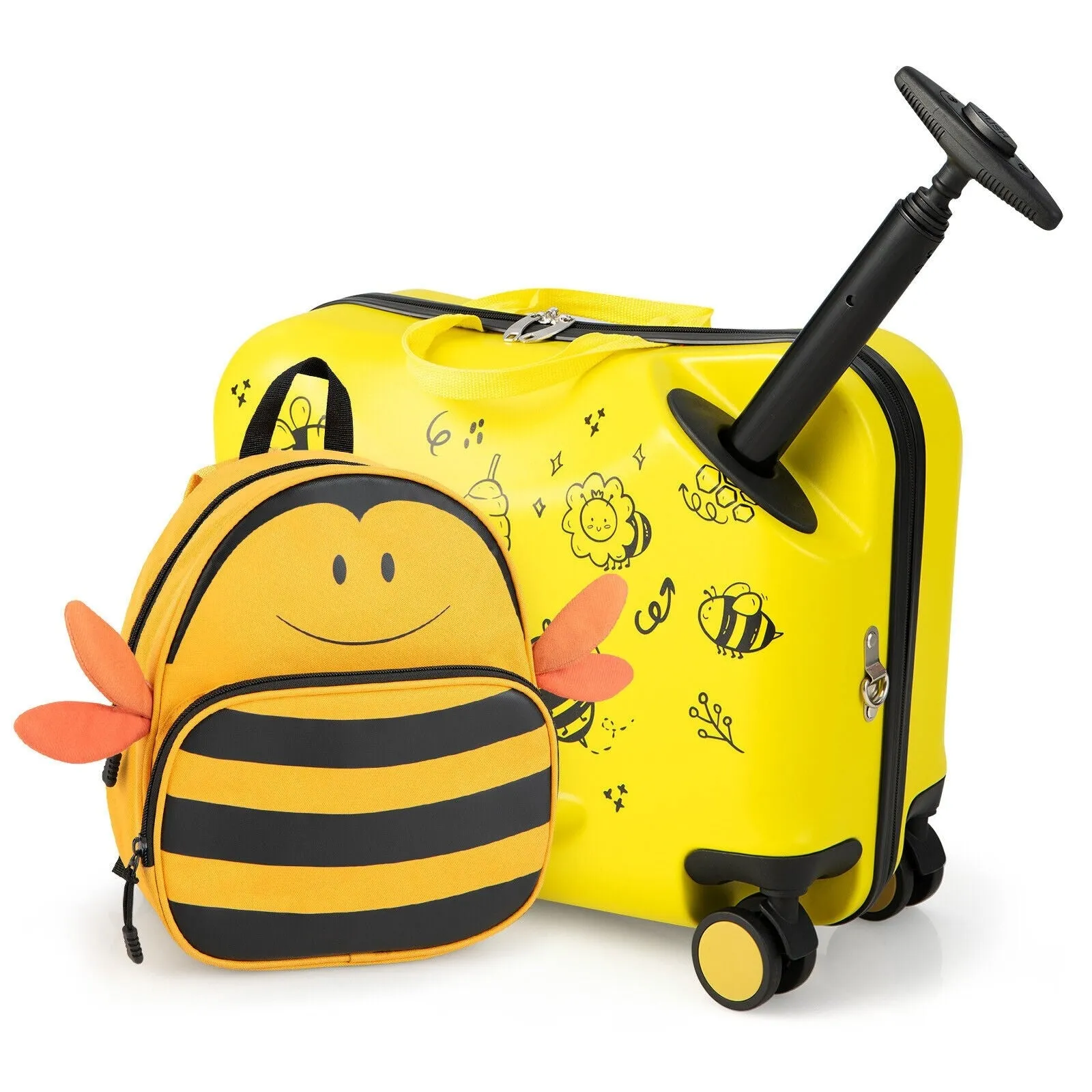 2 Pieces 18 Inch Ride-on Kids Luggage Set with Spinner Wheels and Bee Pattern