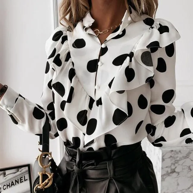 2021 Casual Button-Up Ladies Office Top Long Sleeve Ruffle Blouse Size 3XL