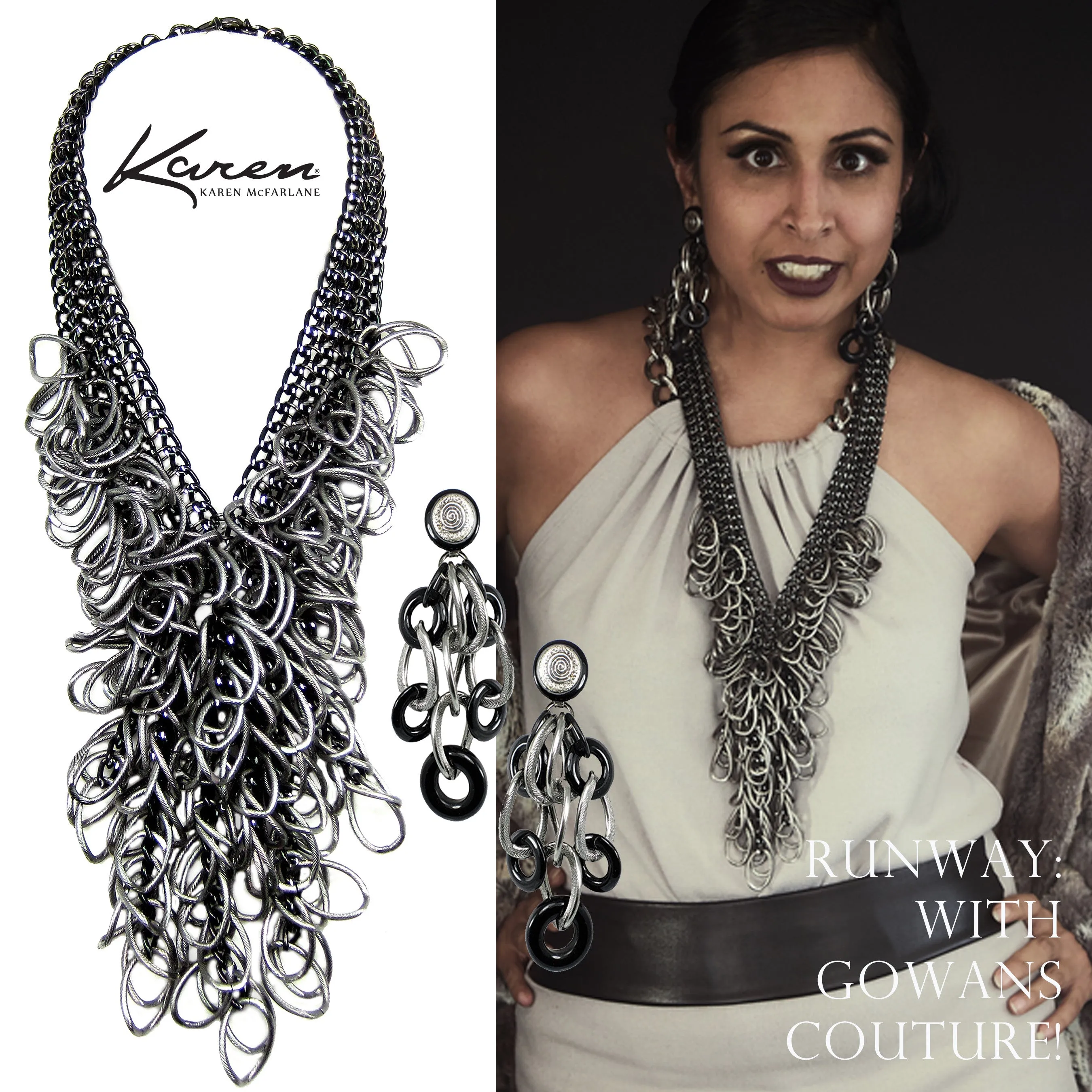 #957n Black Chain & Gunmetal Link Long Fringed Bib Necklace