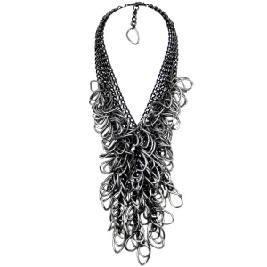 #957n Black Chain & Gunmetal Link Long Fringed Bib Necklace