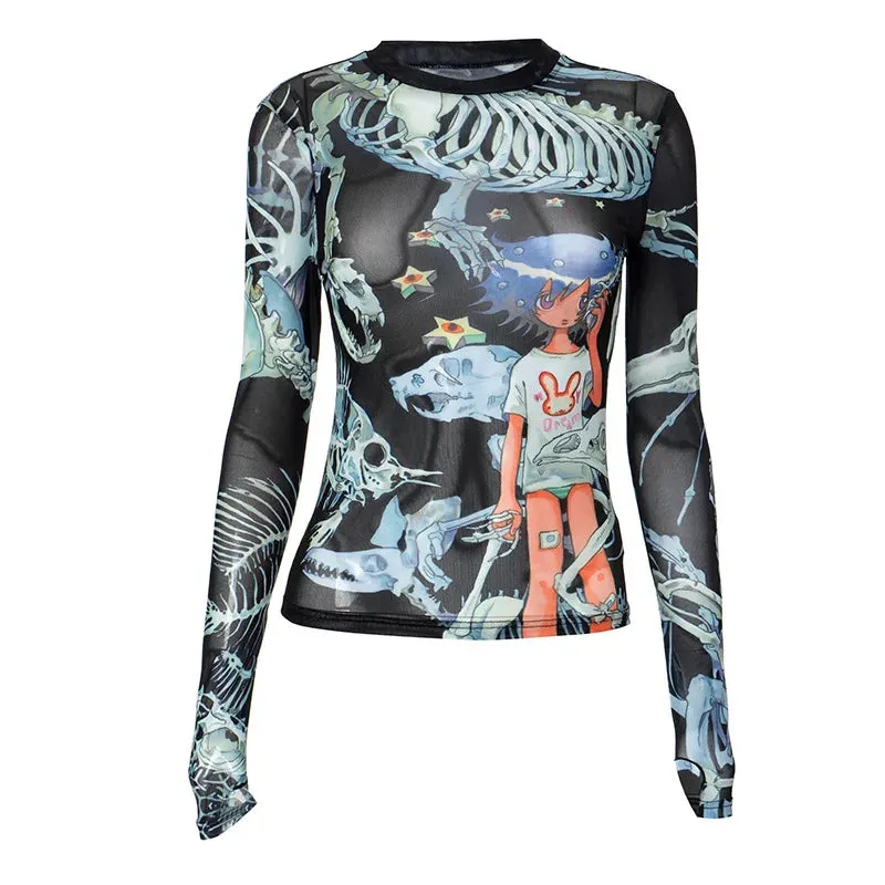 Anime Printed Mesh Sheer T Shirts Graphic Tees Y2k Harajuku Long Sleeve Tops Autumn 2024 Women Clothing P85-BZ10