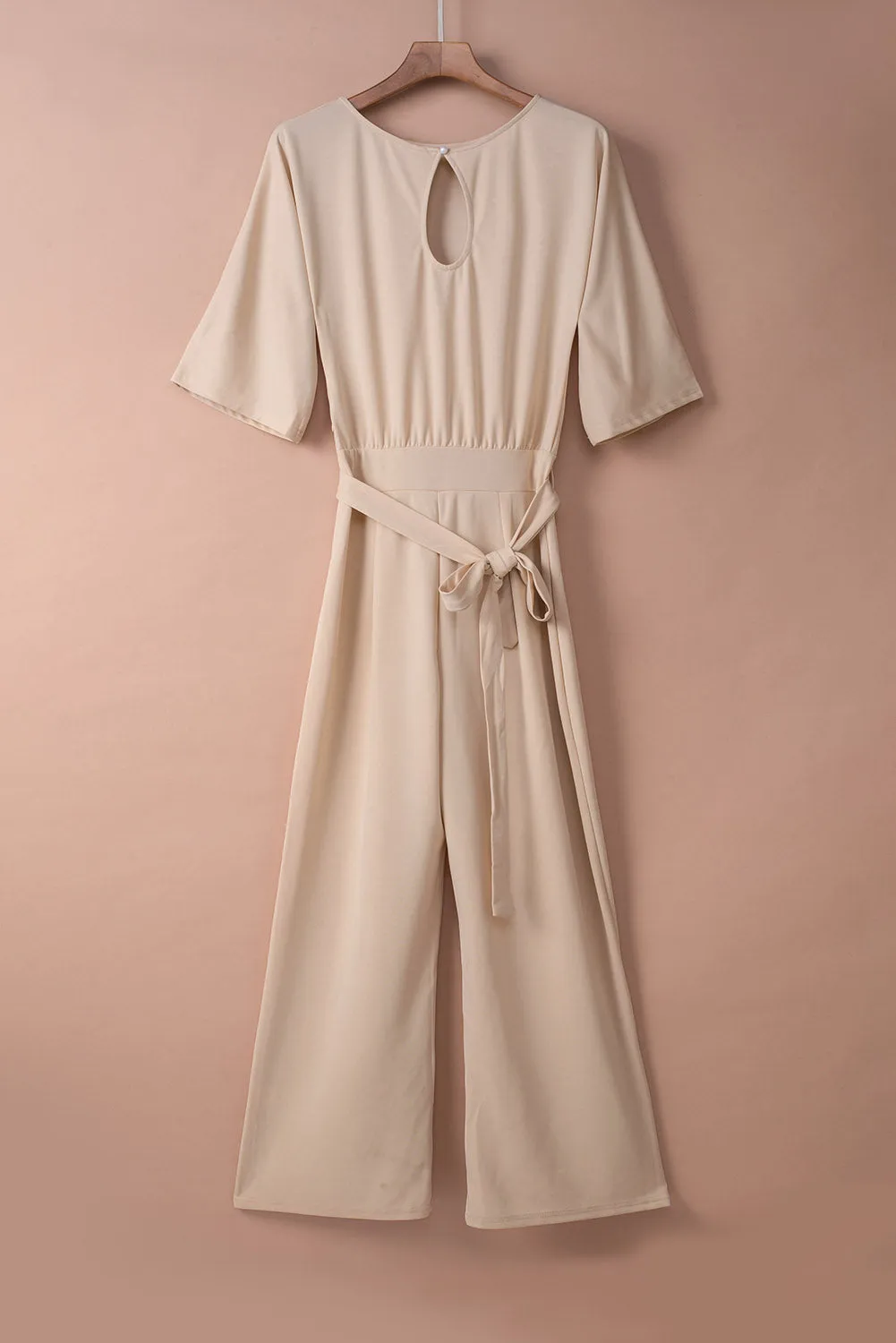 Apricot Bracelet Sleeve Waist Tie Wide Leg Jumpsuit