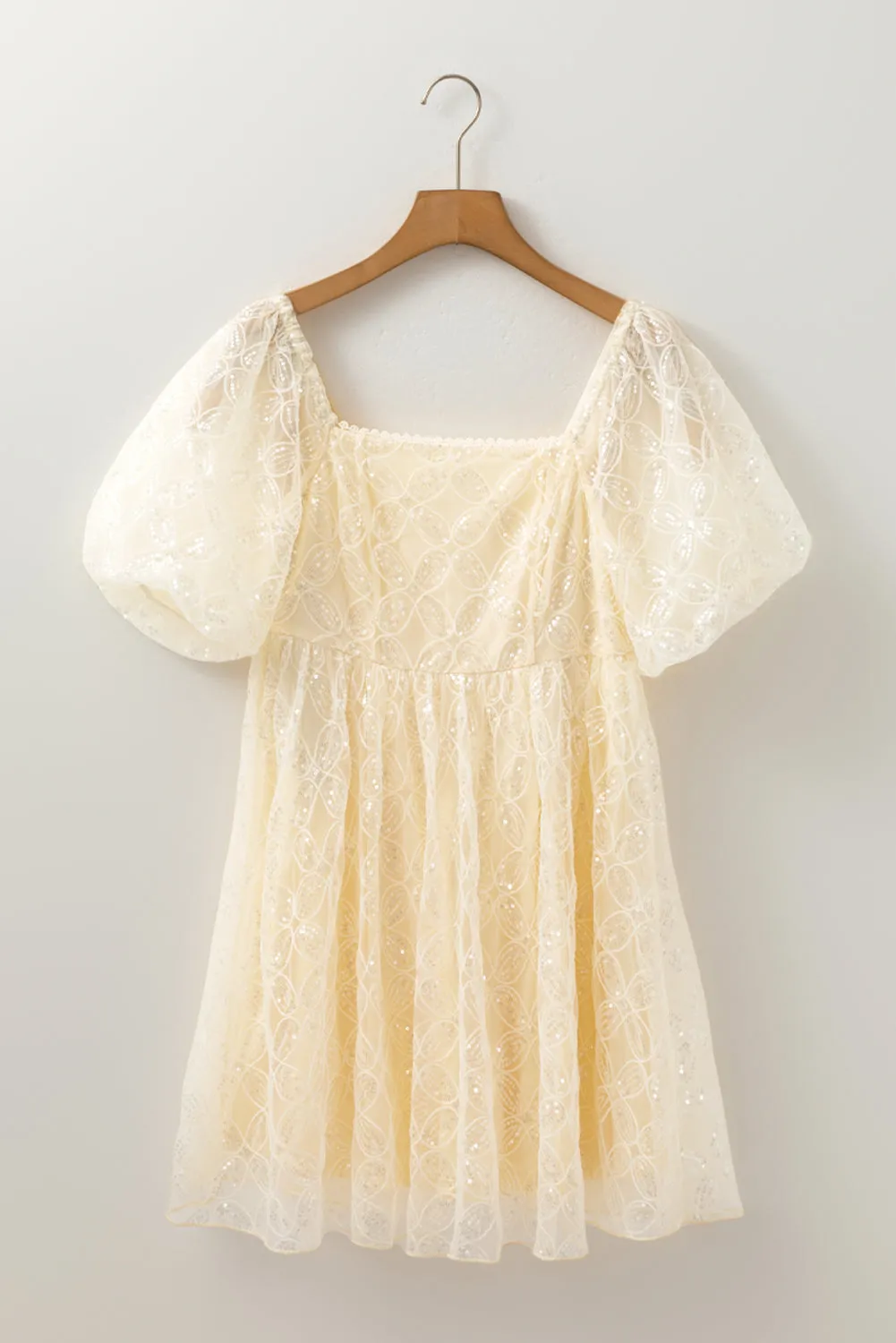 Apricot Sequined Lace Mesh Bubble Sleeve Square Neck Dress