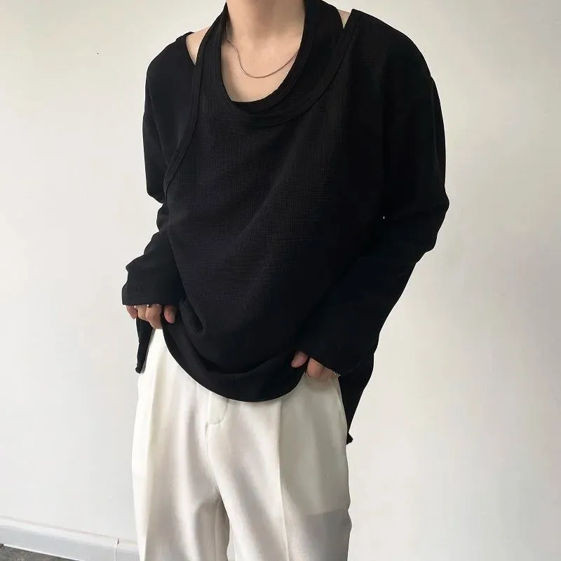 Autumn Personalized Fake Two-piece Double-layer Knitted Niche Men's Long Sleeve T-shirt Korean Loose Pullover Tops 9Y9194