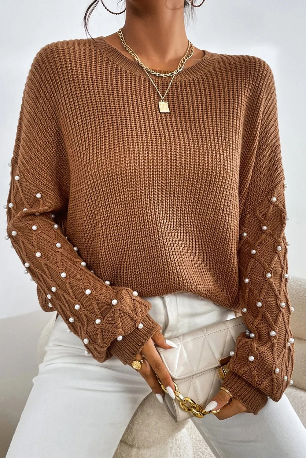 Beaded Drop Shoulder Round Neck Sweater