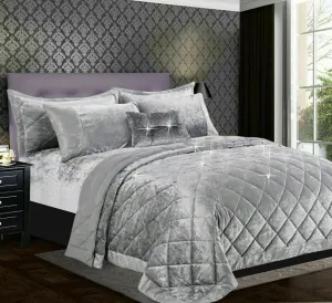 Bedspread Crushed Velvet 3-Piece Set with Matching Pillow Shams Single, Double, King, Superking (Silver)