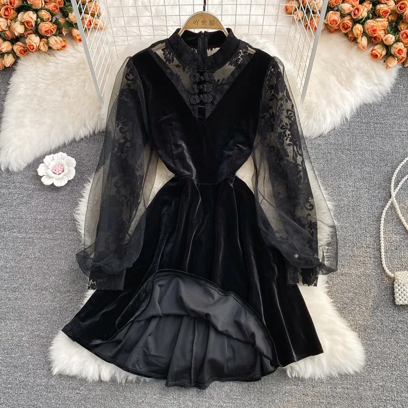 Black lace long sleeve dress black fashion dress   S84