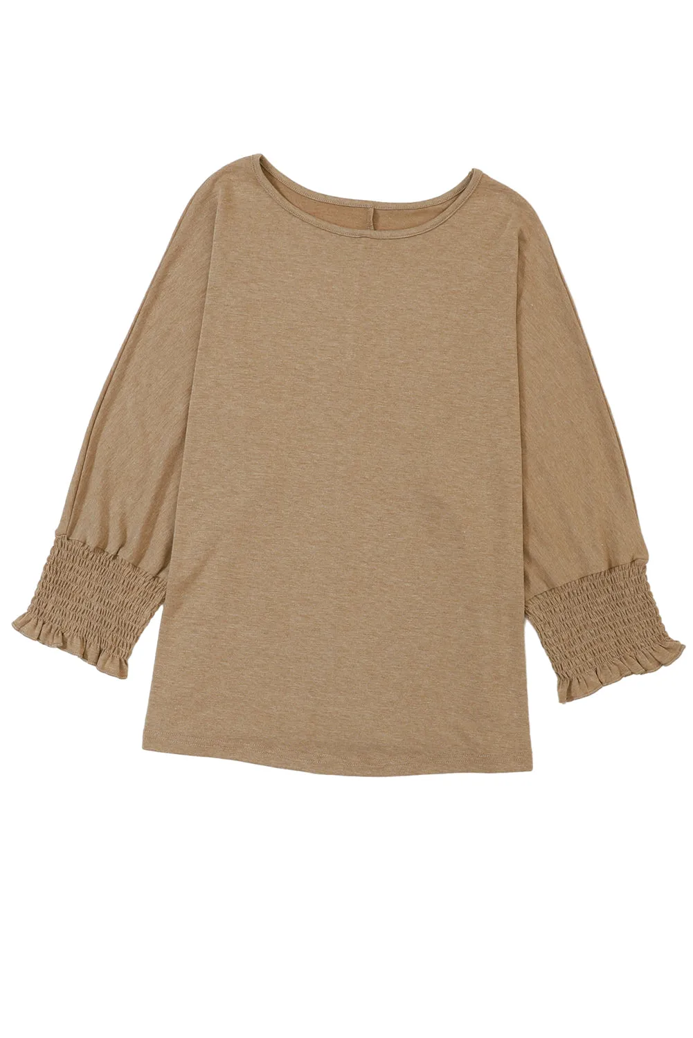 Black Plain Smocked 3/4 Sleeve Casual Loose T Shirt