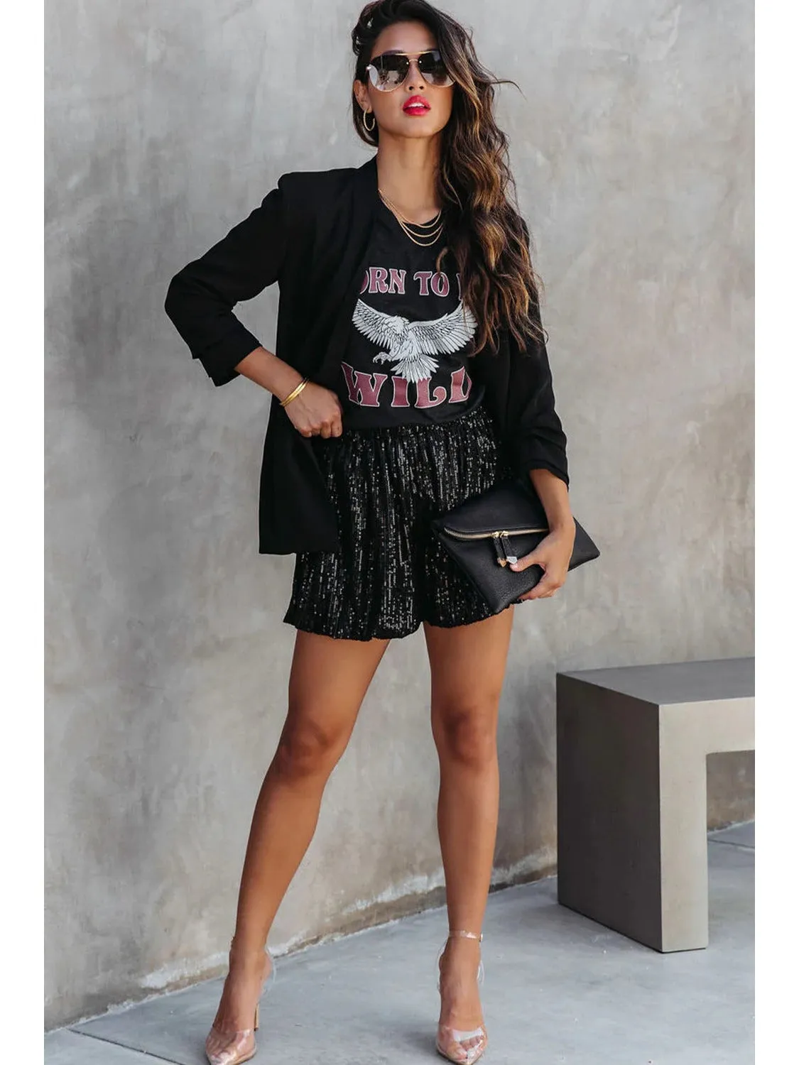 Black Sequin Straight Leg High Waist Casual Shorts