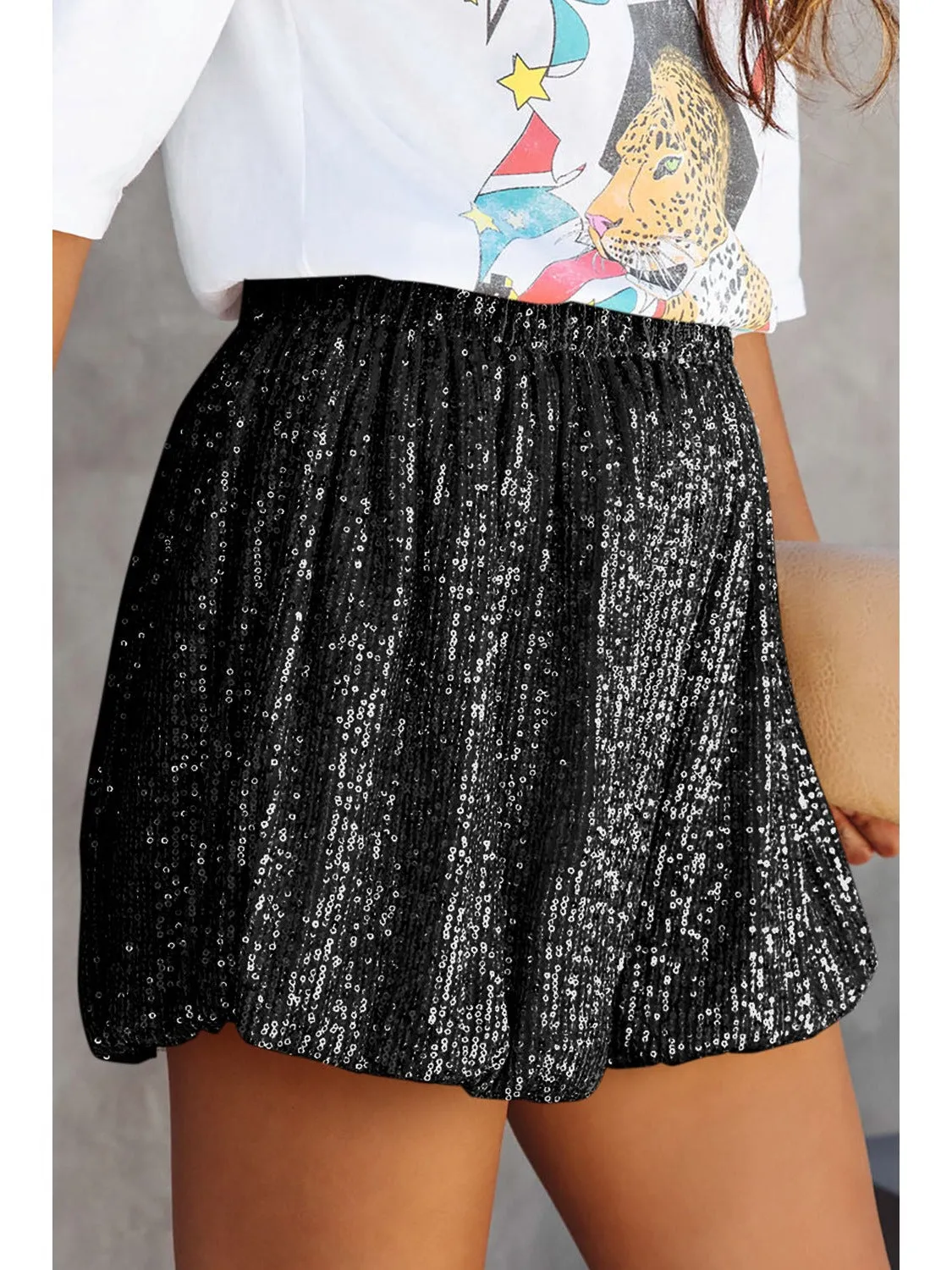 Black Sequin Straight Leg High Waist Casual Shorts