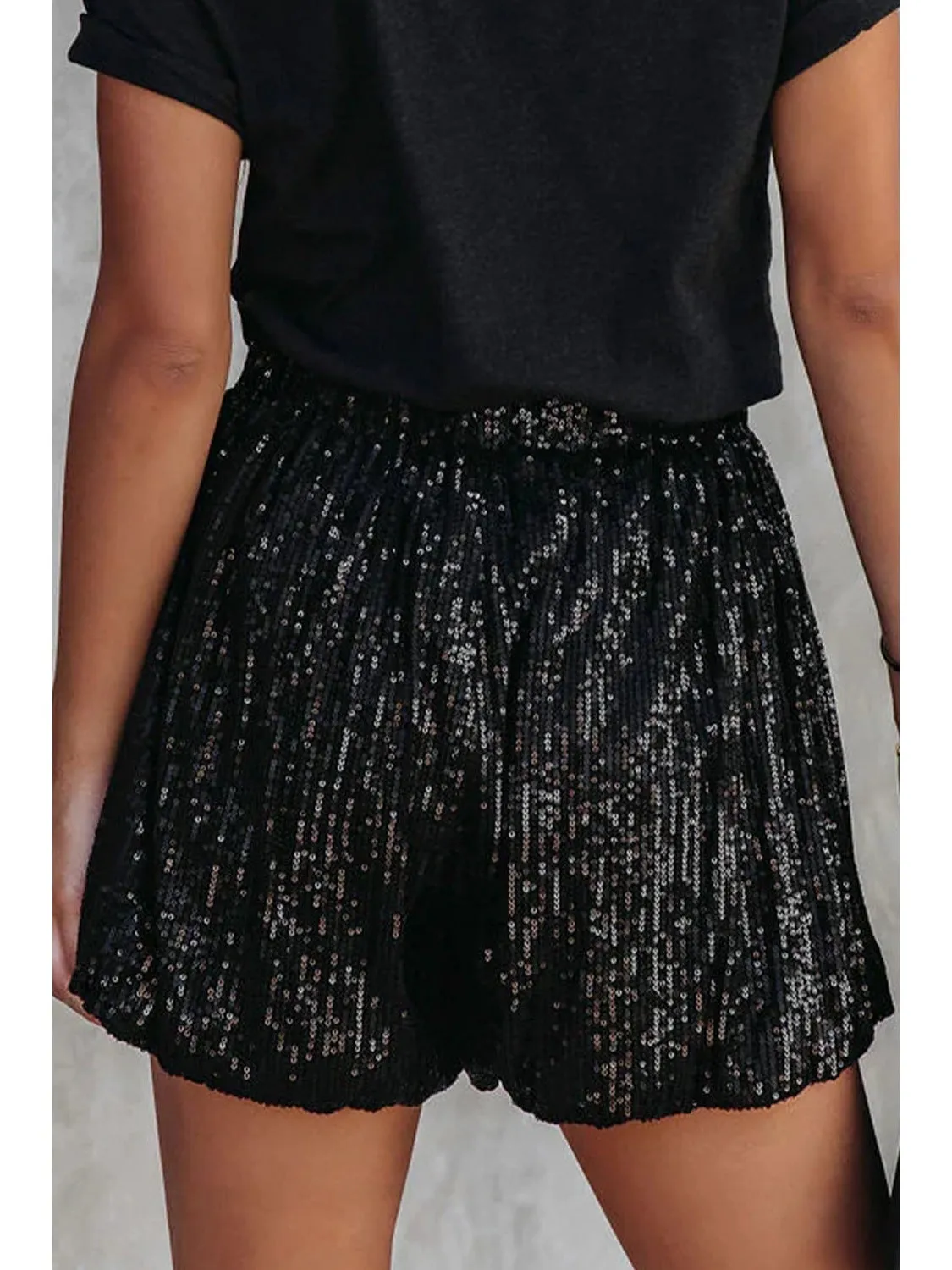 Black Sequin Straight Leg High Waist Casual Shorts