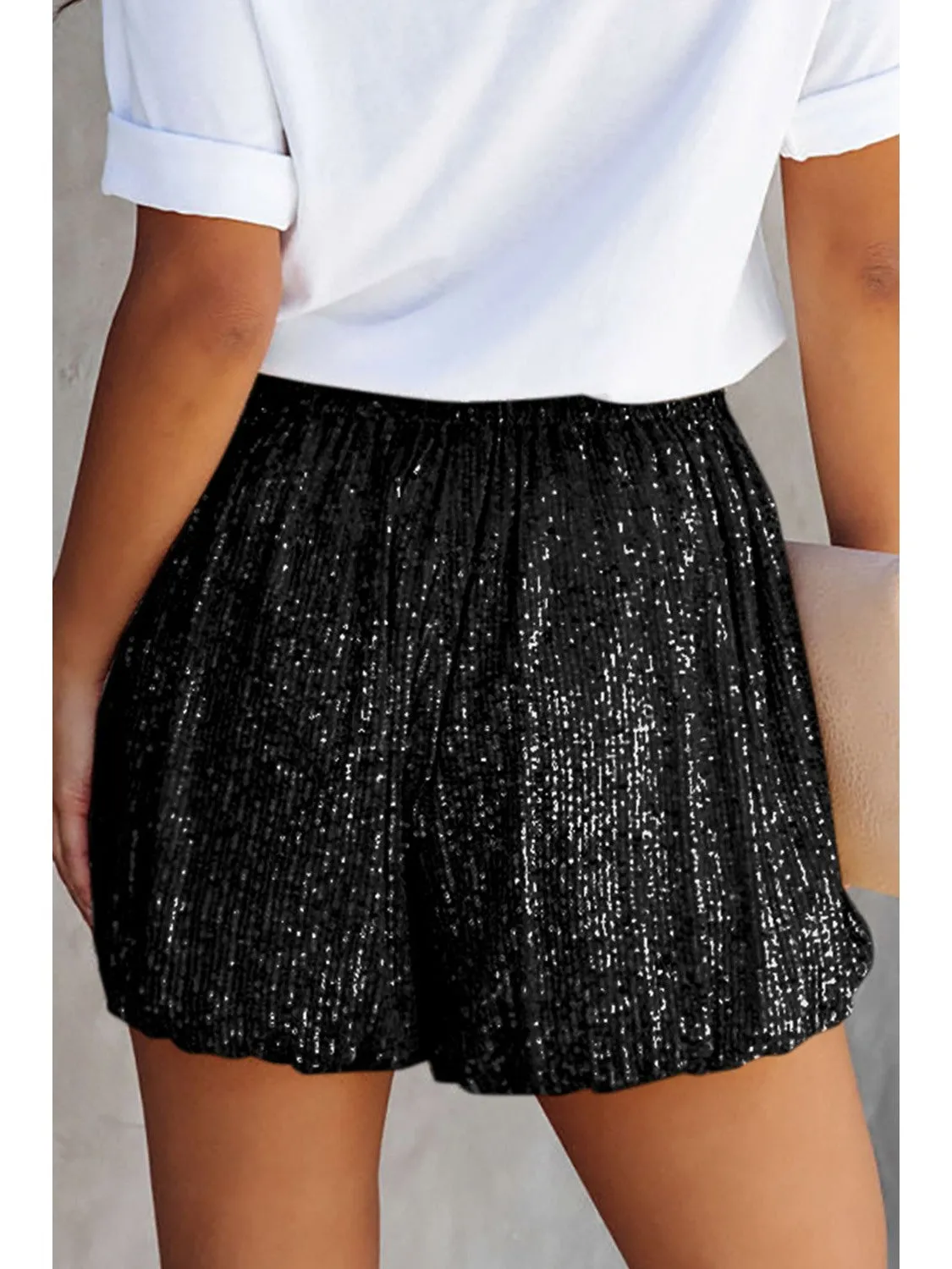 Black Sequin Straight Leg High Waist Casual Shorts