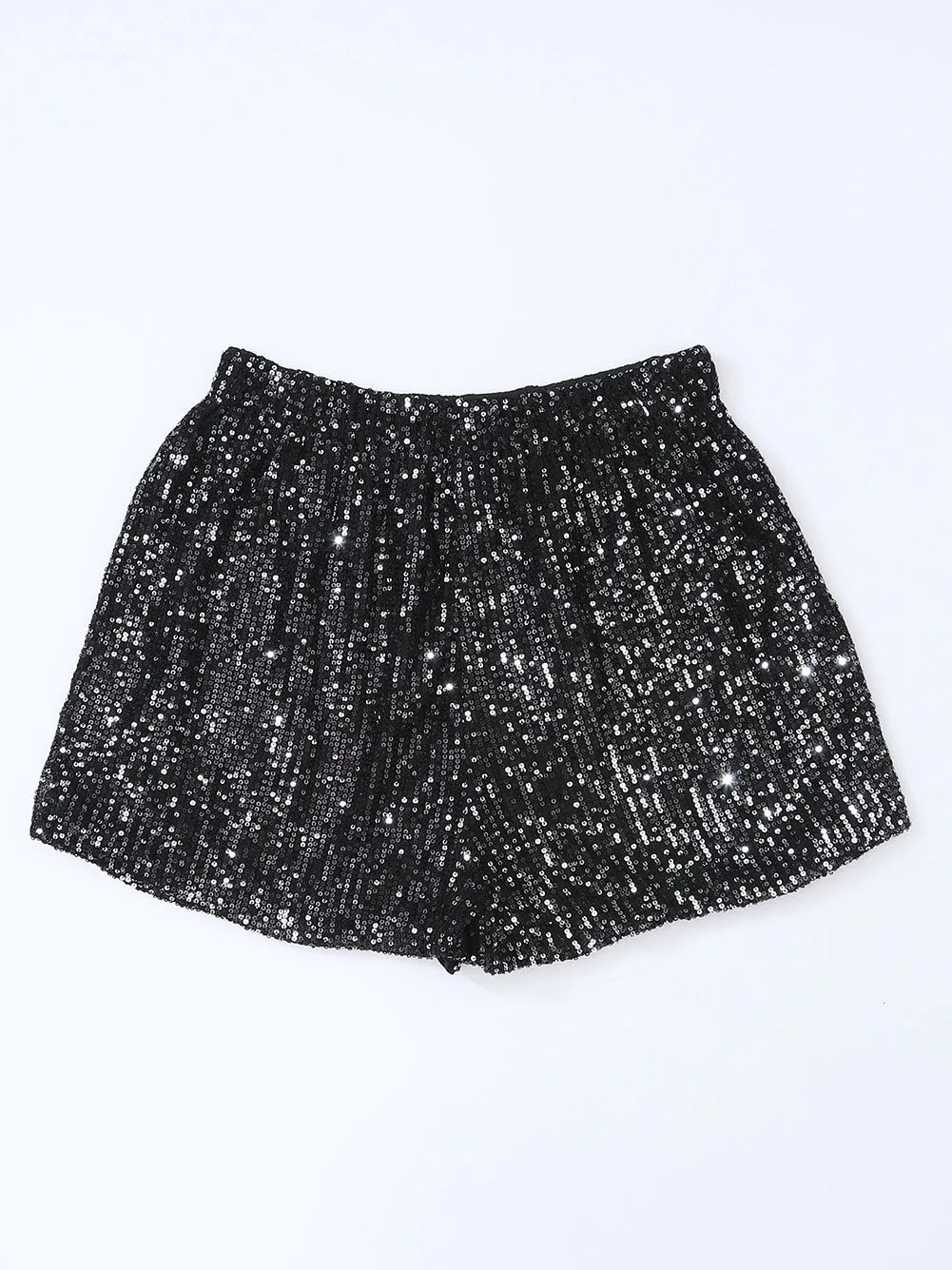 Black Sequin Straight Leg High Waist Casual Shorts