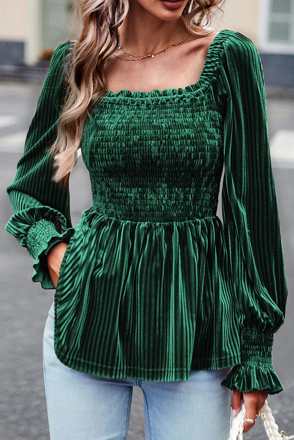 Blackish Green Smocked Ribbed Velvet Babydoll Top