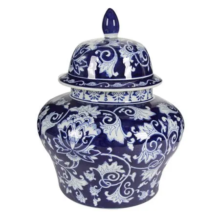 Blue and White Decorative Ceramic Jar Urn, 14 by 17-Inch