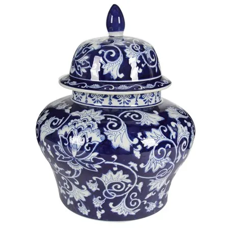 Blue and White Decorative Ceramic Jar Urn, 14 by 17-Inch