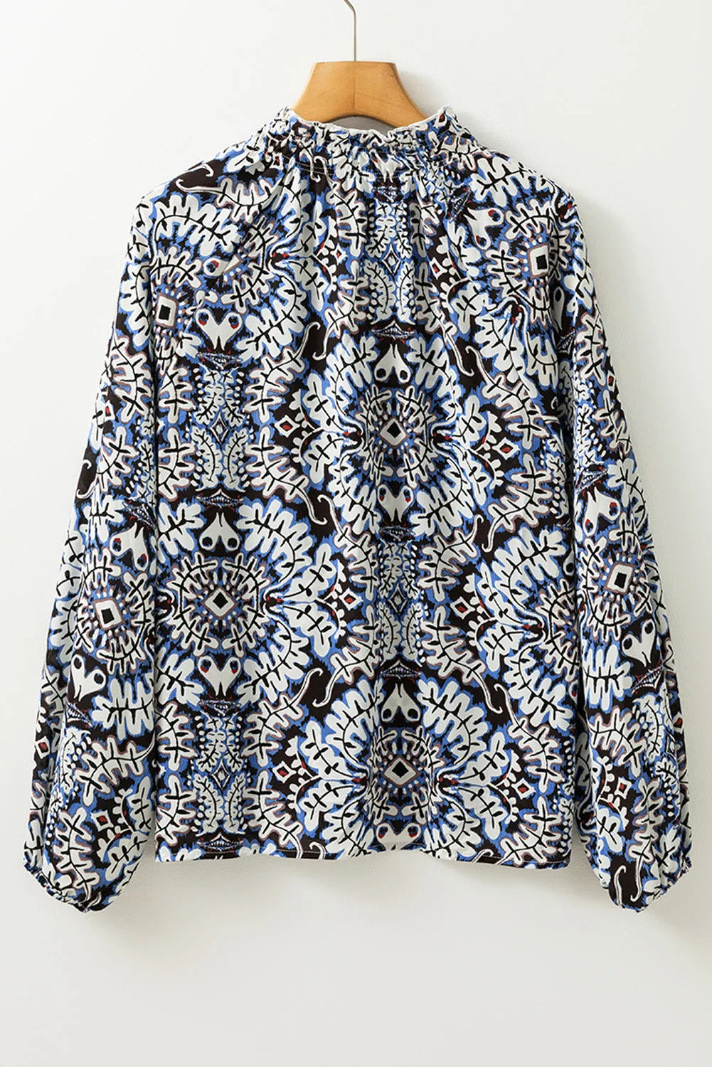 Blue Tribal Print Lace-up Frilled Neck Puff Sleeve Blouse