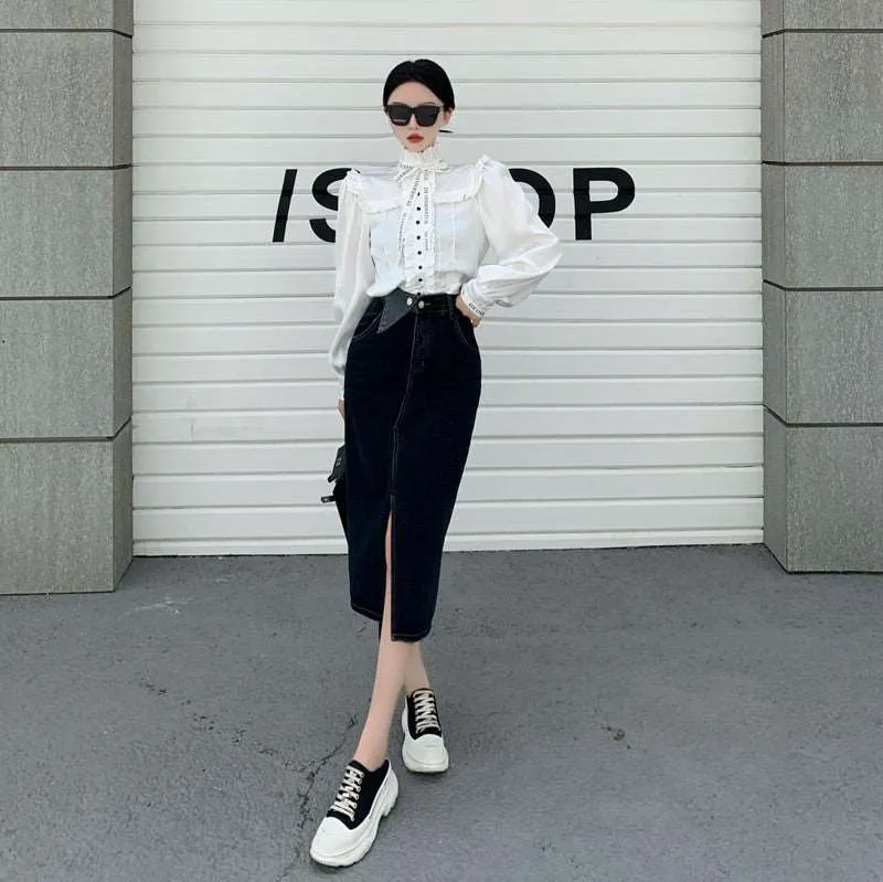 Bowknot High Collar Text Bow Victorian Style Black White Long Sleeve Shirt