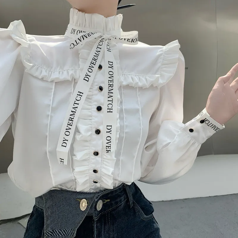 Bowknot High Collar Text Bow Victorian Style Black White Long Sleeve Shirt