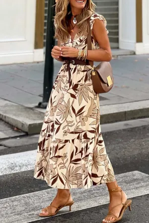 Brown Ruffled V Neck Leaves Print Long Dress - Chic Style