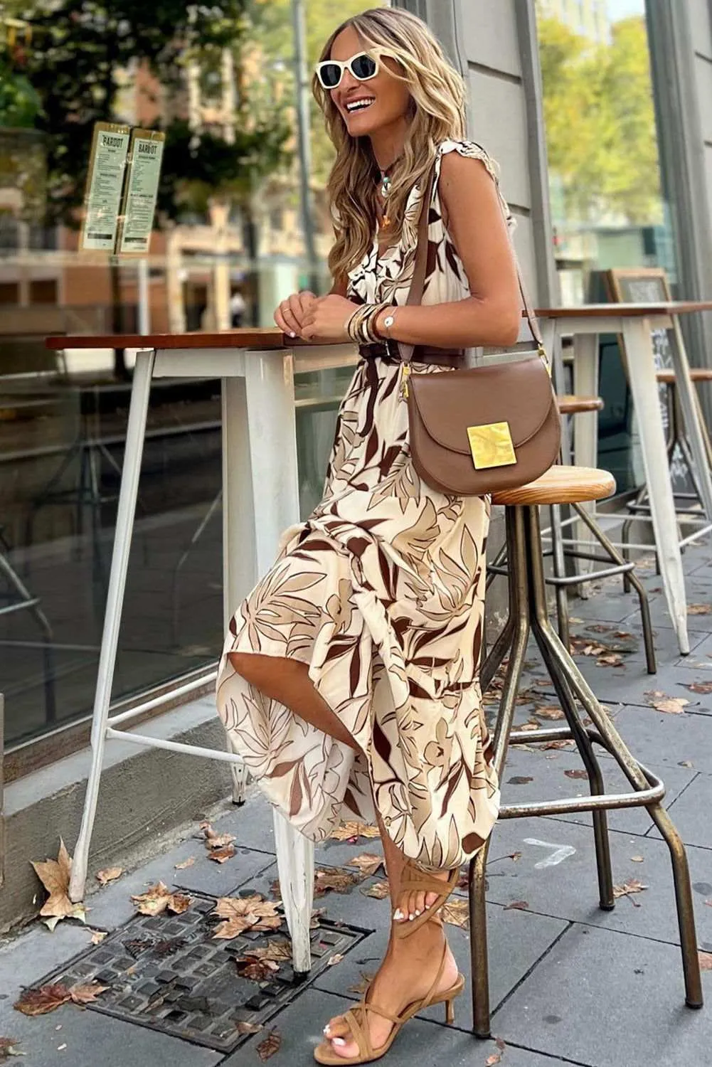 Brown Ruffled V Neck Leaves Print Long Dress - Chic Style