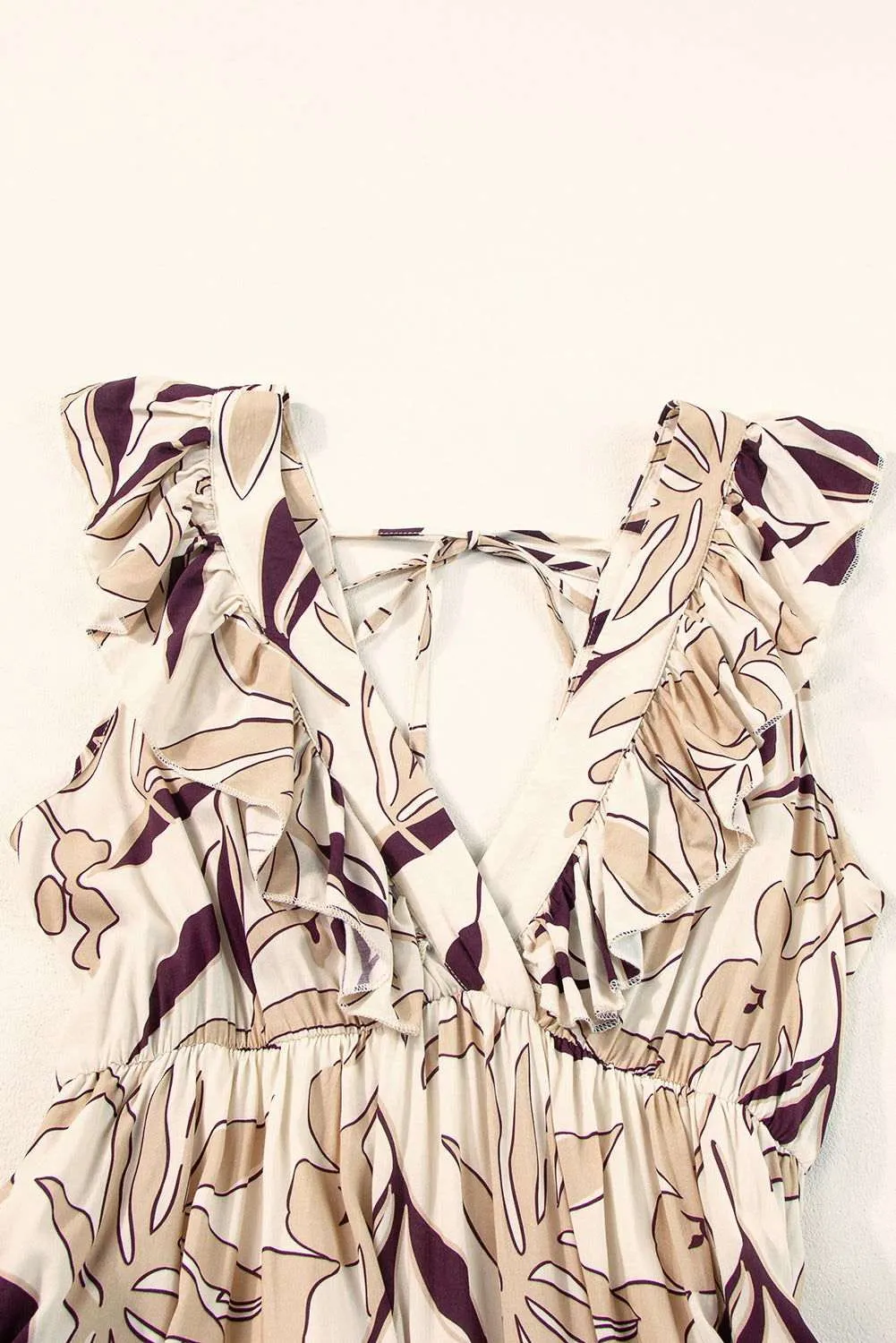 Brown Ruffled V Neck Leaves Print Long Dress - Chic Style