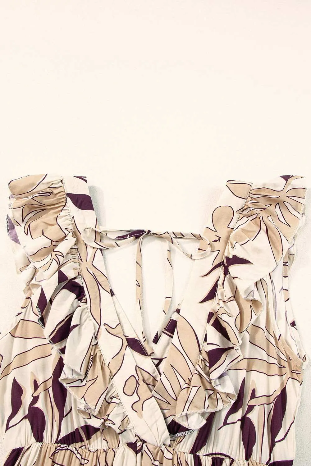 Brown Ruffled V Neck Leaves Print Long Dress - Chic Style