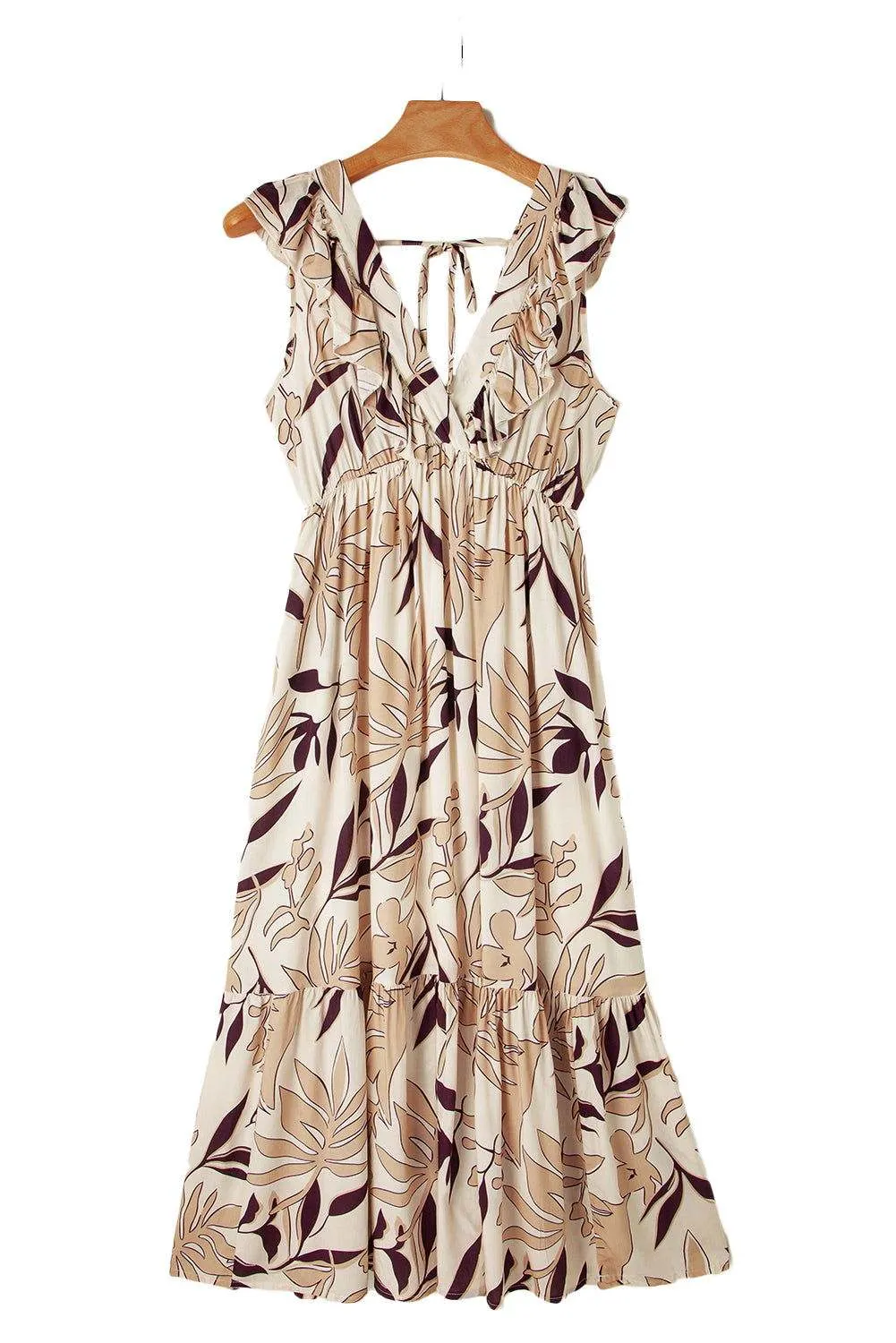 Brown Ruffled V Neck Leaves Print Long Dress - Chic Style