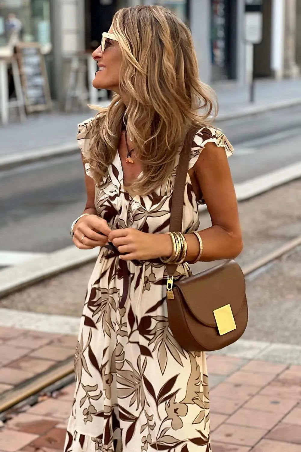 Brown Ruffled V Neck Leaves Print Long Dress - Chic Style