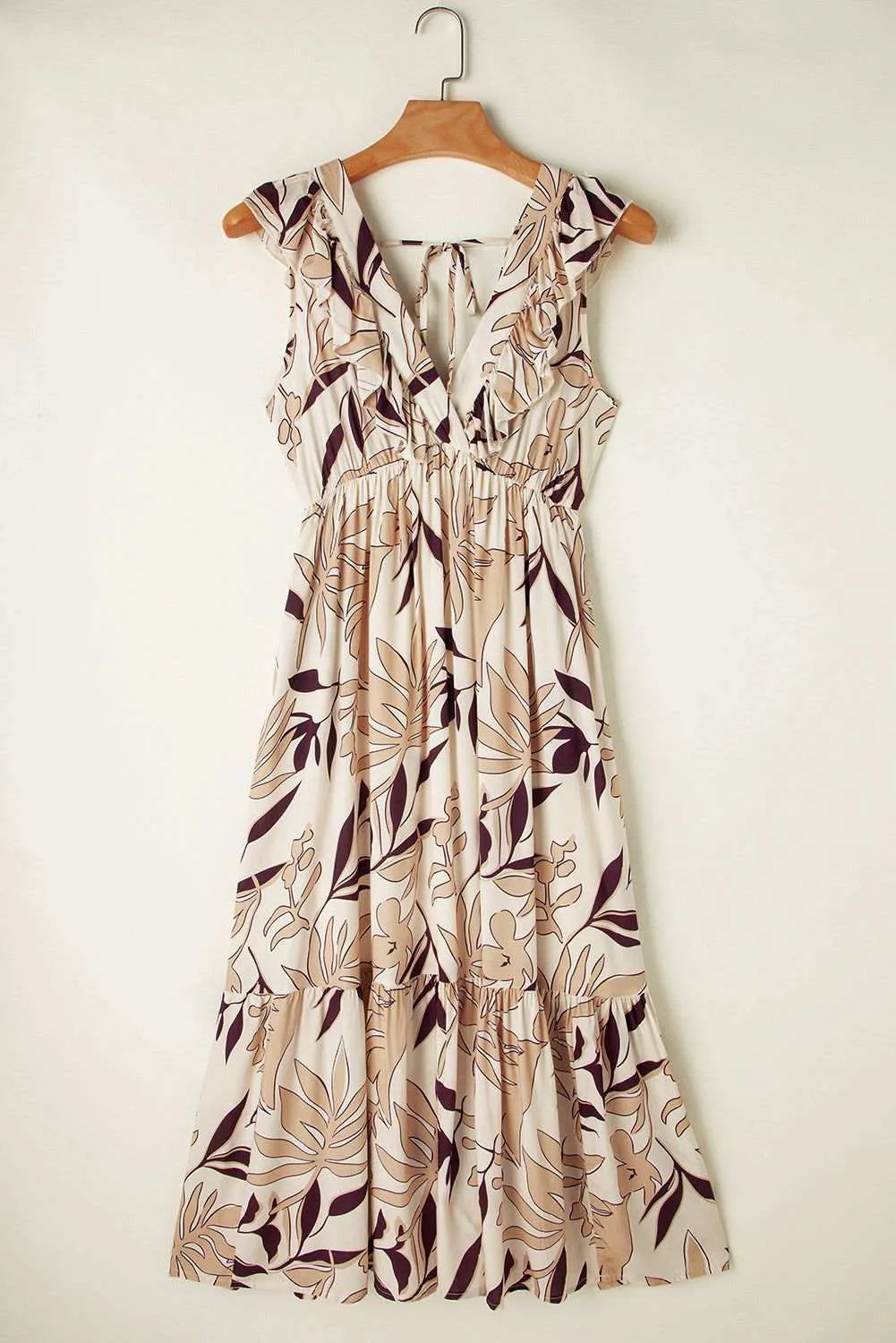 Brown Ruffled V Neck Leaves Print Long Dress - Chic Style