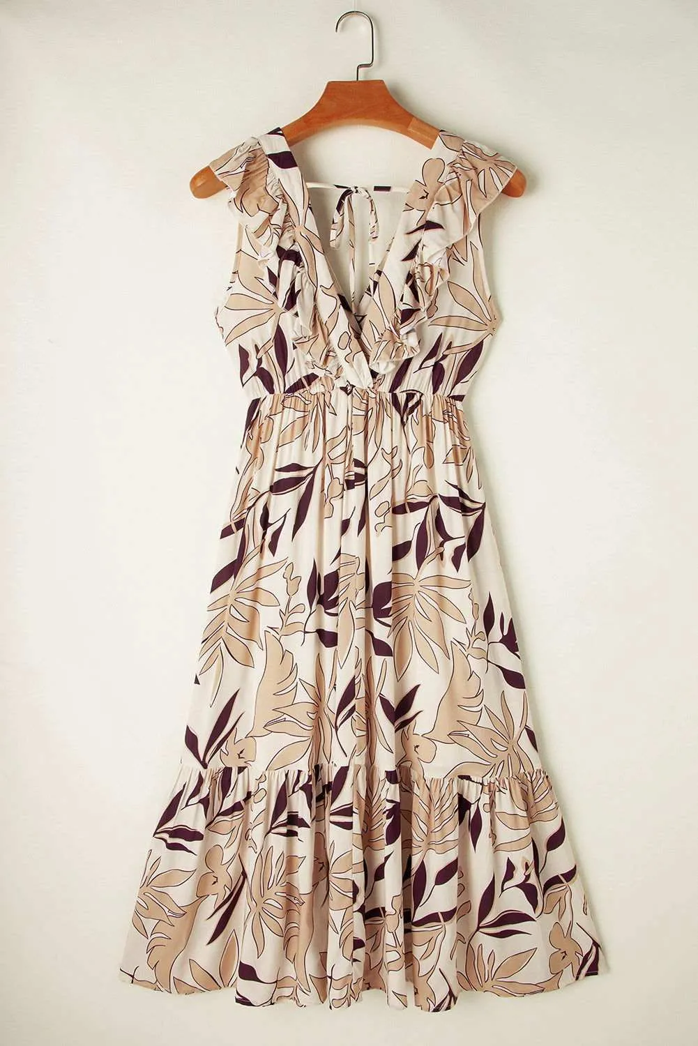 Brown Ruffled V Neck Leaves Print Long Dress - Chic Style