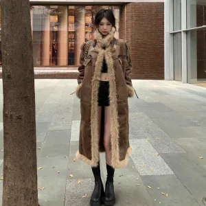 Brown Winter Velvet Faux Fur Collar Mid-length Long Woolen Coat