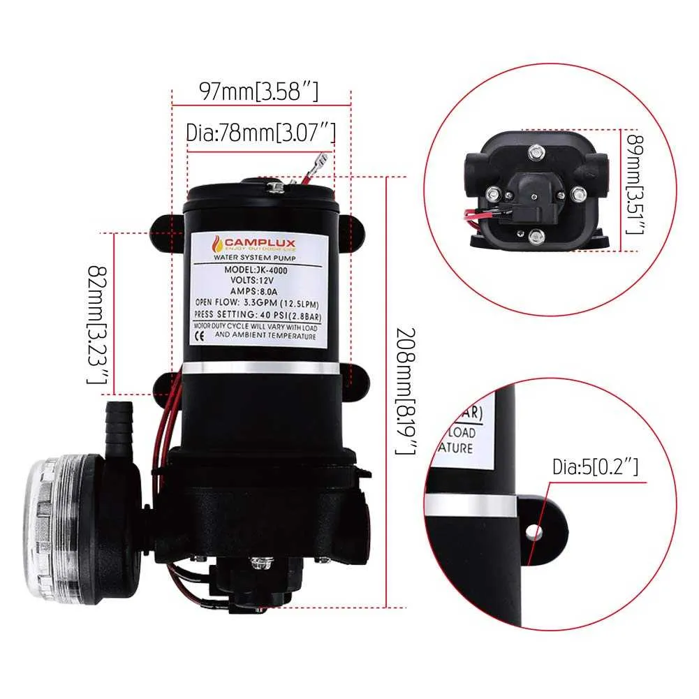 Camplux JK-4000 12V Water Pressure Diaphragm Pump 3.3GPM, 40PSI, 12.5LPM for RV Camper, Marine Boat, Lawn