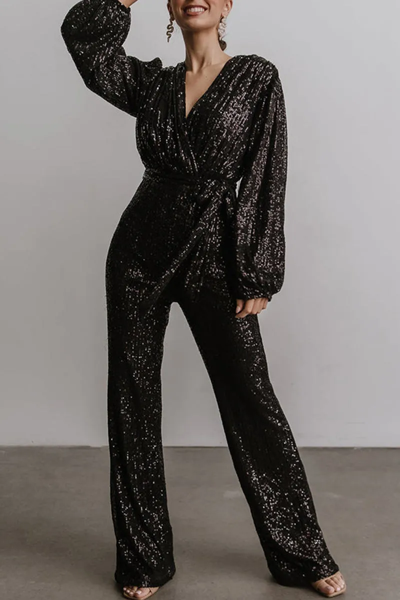 Casual Elegant Solid Sequins V Neck Regular Jumpsuits