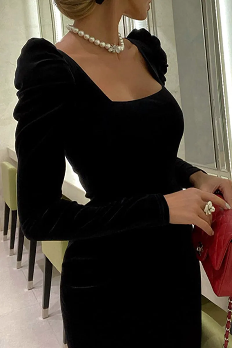 Celebrities Elegant Solid Fold Square Collar One Step Skirt Dresses