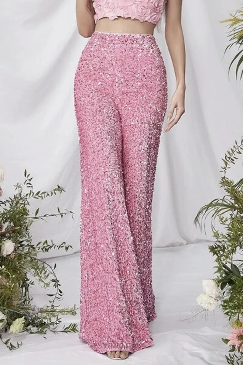 Celebrities Elegant Solid Sequins Loose High Waist Wide Leg Solid Color Bottoms