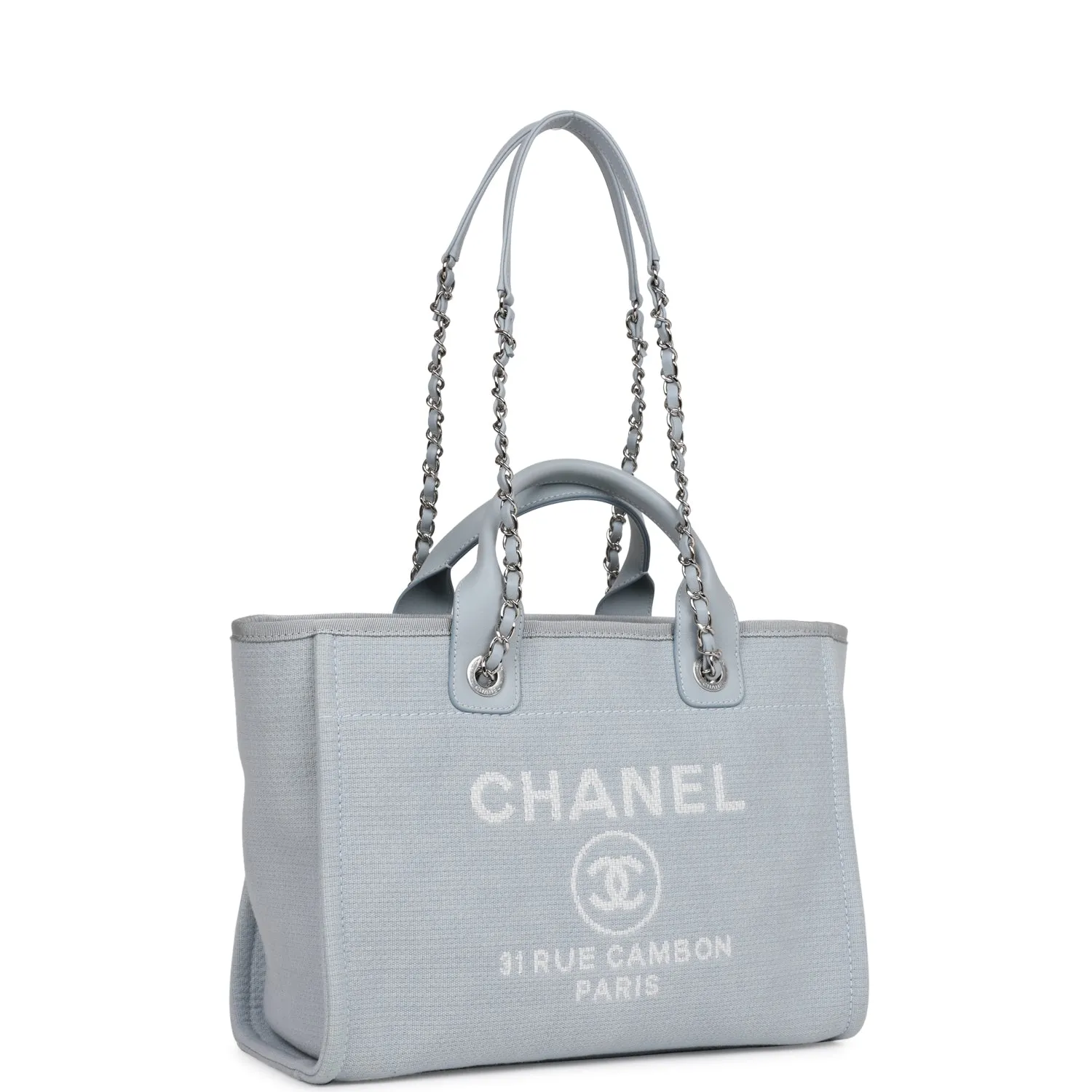 Chanel Small Deauville Shopping Bag Blue Boucle Silver Hardware