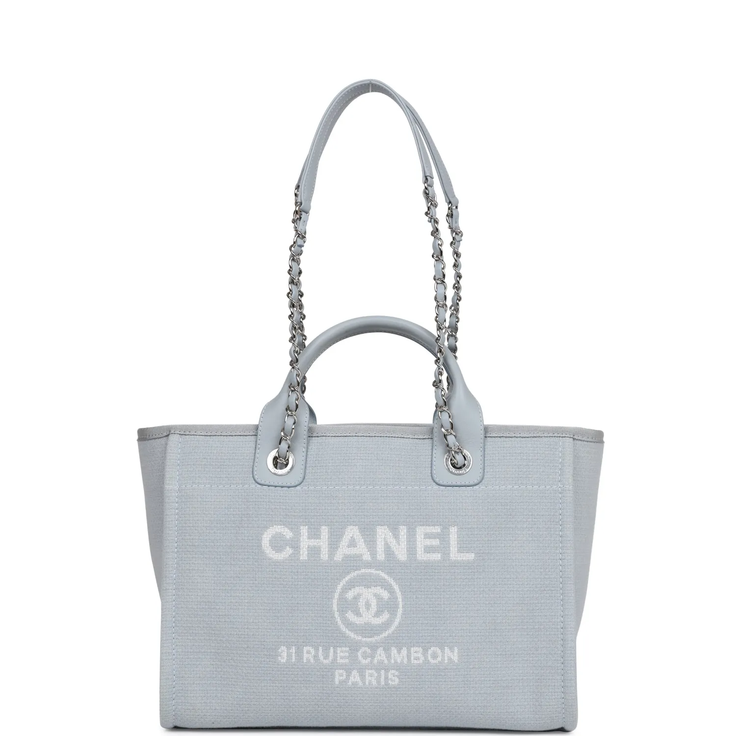 Chanel Small Deauville Shopping Bag Blue Boucle Silver Hardware