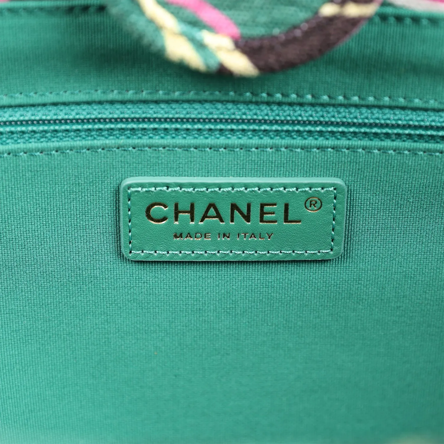 Chanel Small Deauville Shopping Bag Green and Pink Tropical Floral Velvet Light Gold Hardware