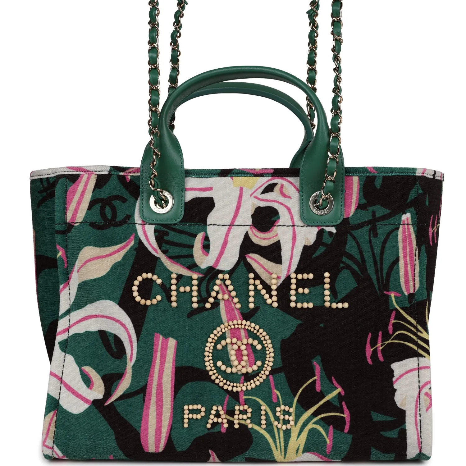 Chanel Small Deauville Shopping Bag Green and Pink Tropical Floral Velvet Light Gold Hardware