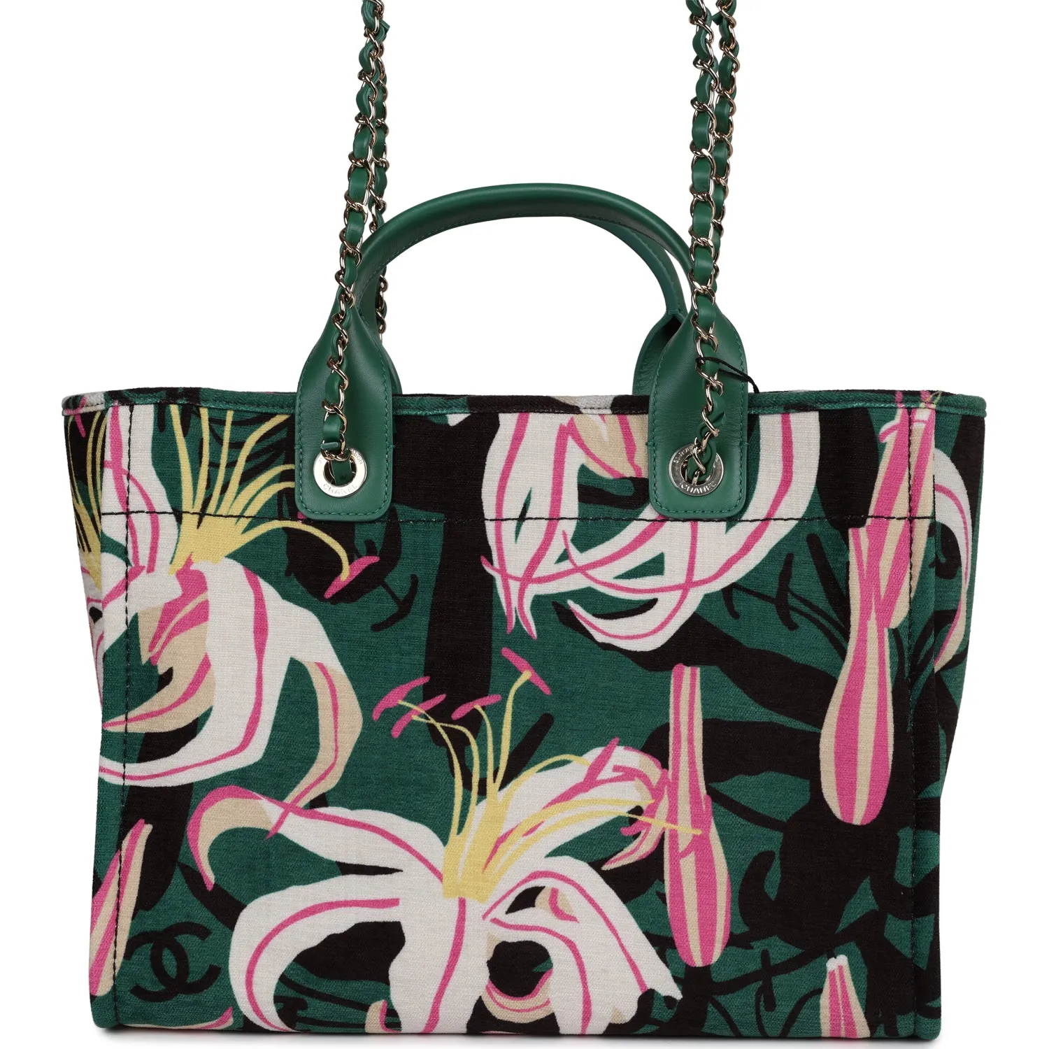 Chanel Small Deauville Shopping Bag Green and Pink Tropical Floral Velvet Light Gold Hardware