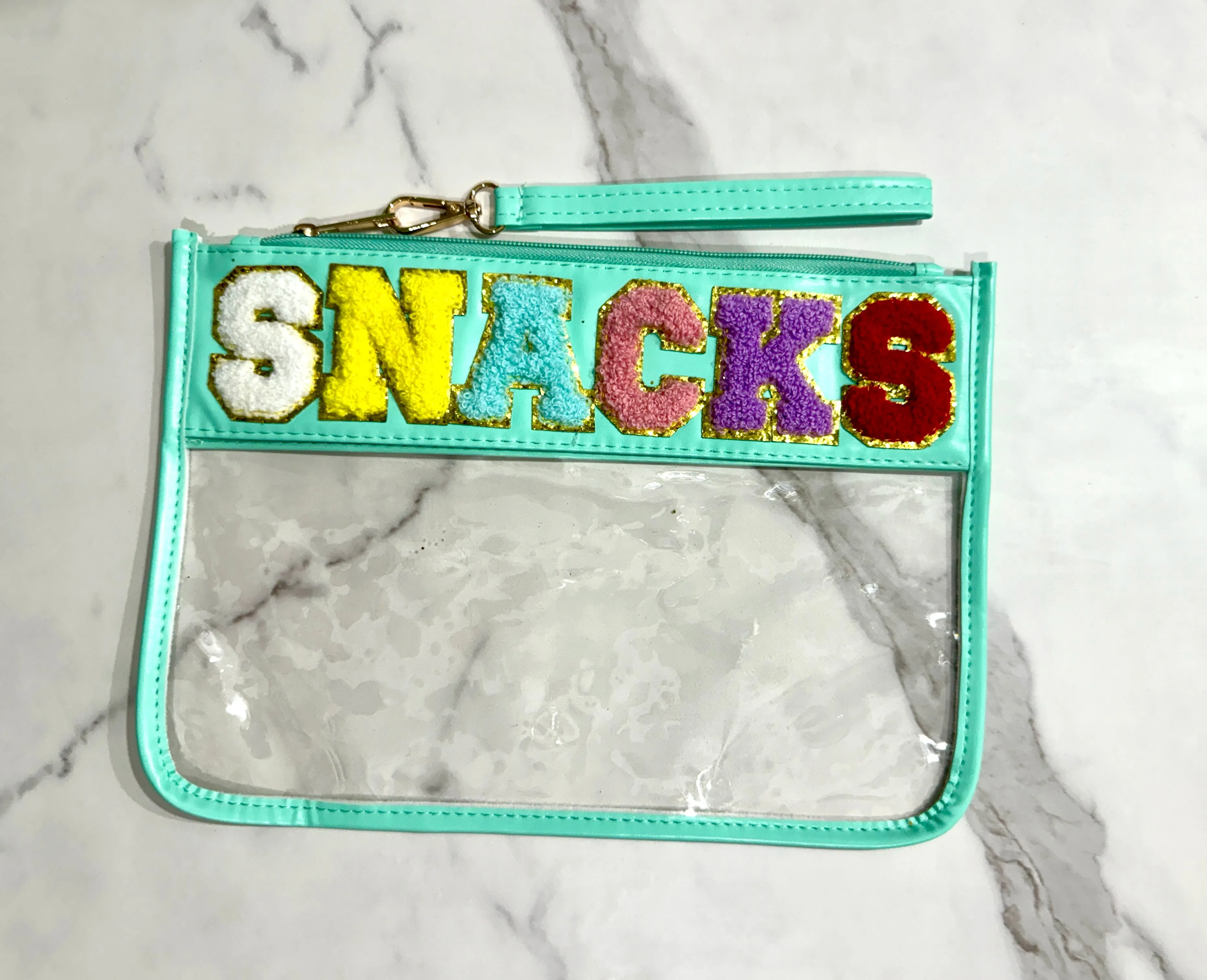 Clear Zipper Pouch Chenille Snack Bag with Multi-Colored Varsity Letter for Travel or Everyday Use