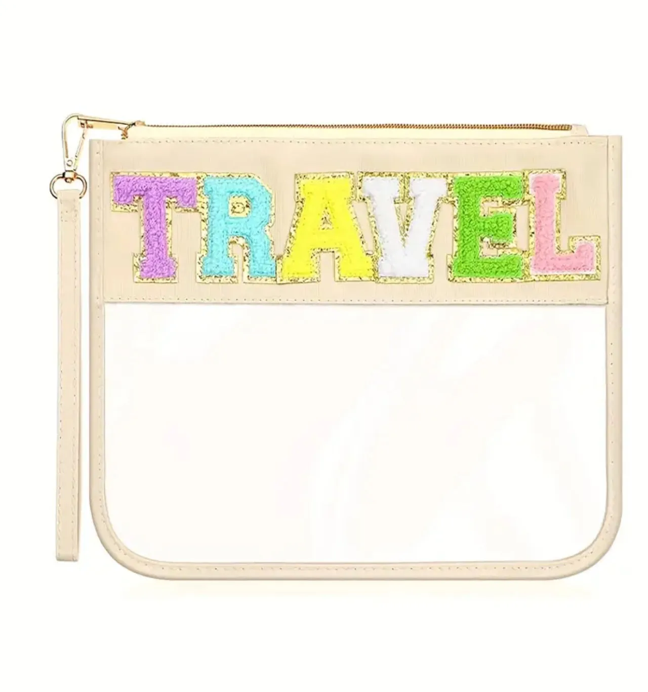 Clear Zipper Pouch Chenille Snack Bag with Multi-Colored Varsity Letter for Travel or Everyday Use