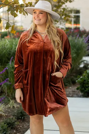 Coffee Plus Size V Neck Collared Pleated Back Rounded Hem Velvet Dress