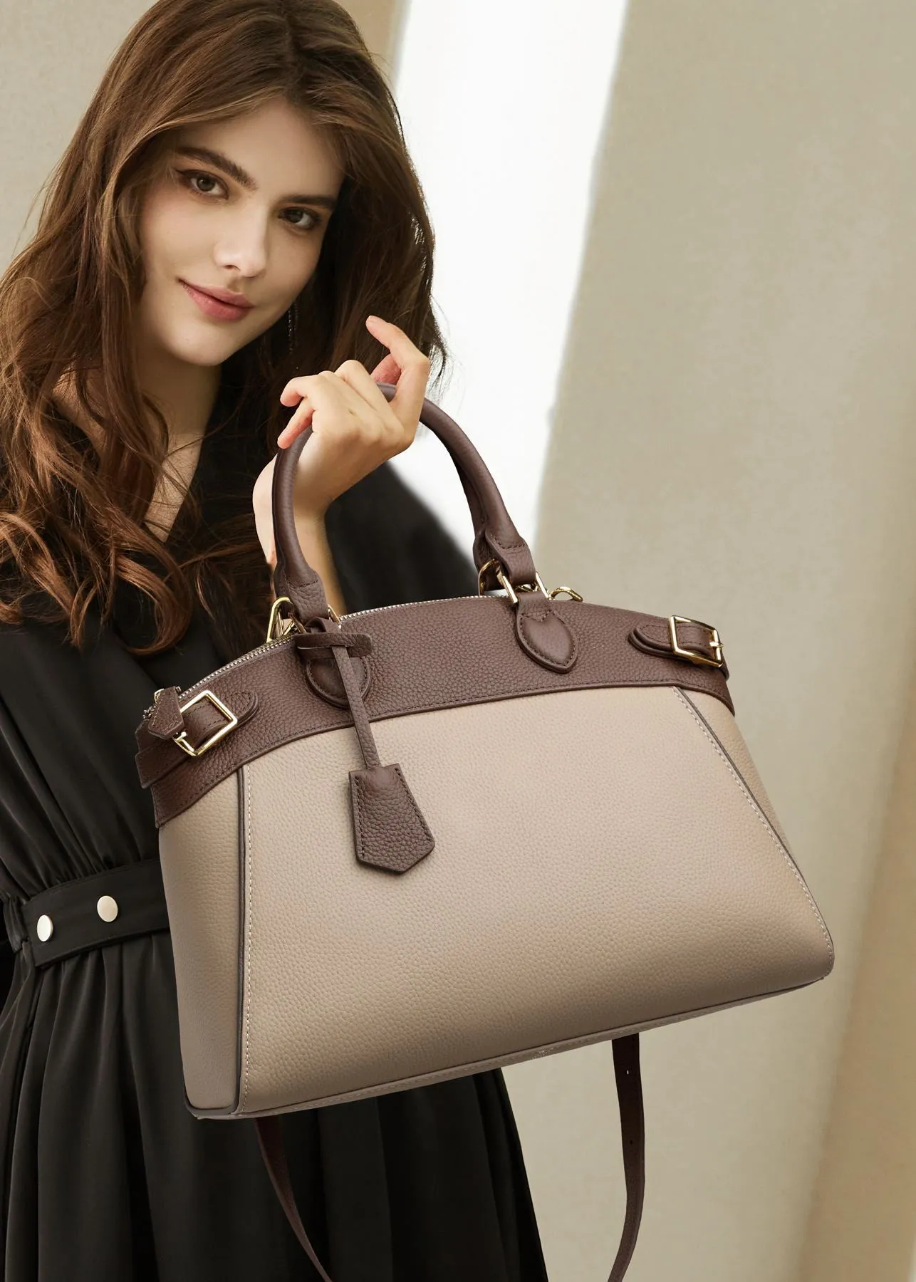 Colorblock Khaki Genuine Leather Tote Bag