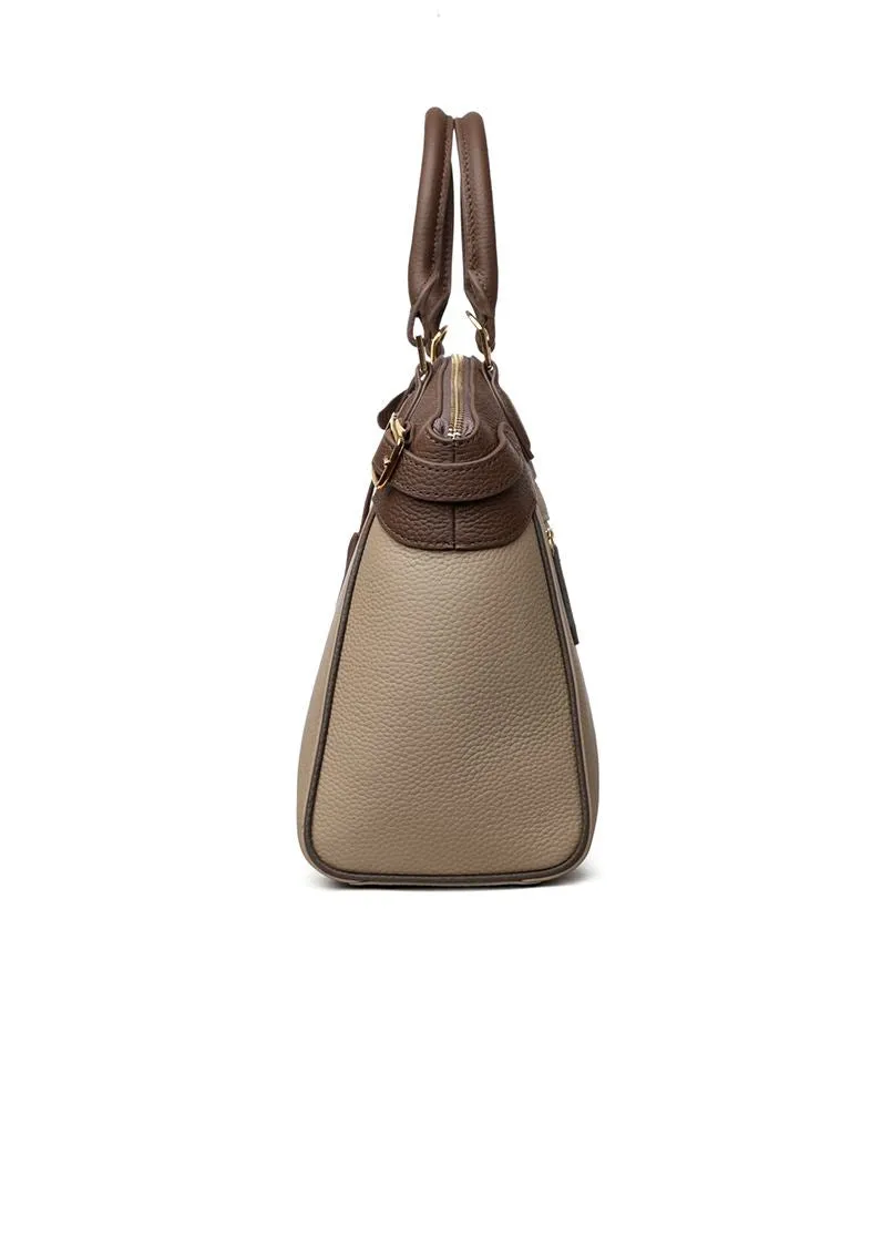 Colorblock Khaki Genuine Leather Tote Bag