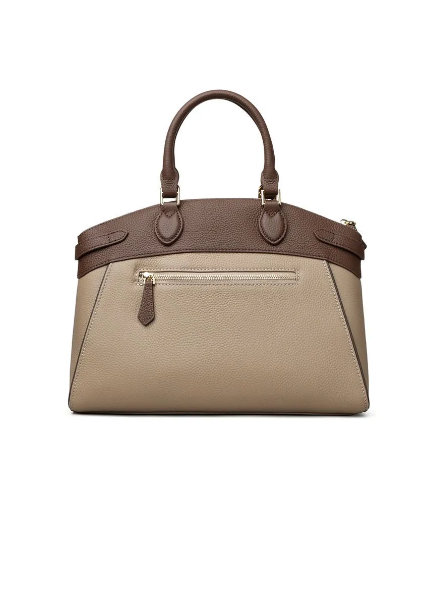 Colorblock Khaki Genuine Leather Tote Bag